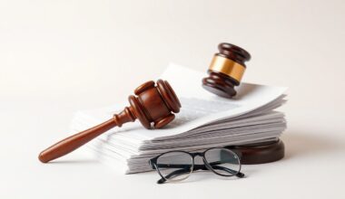 A photorealistic studio still life featuring a stack of legal documents, a gavel, and a pair of reading glasses, conceptually representing the abstract themes of shareholder rights and corporate oversight.