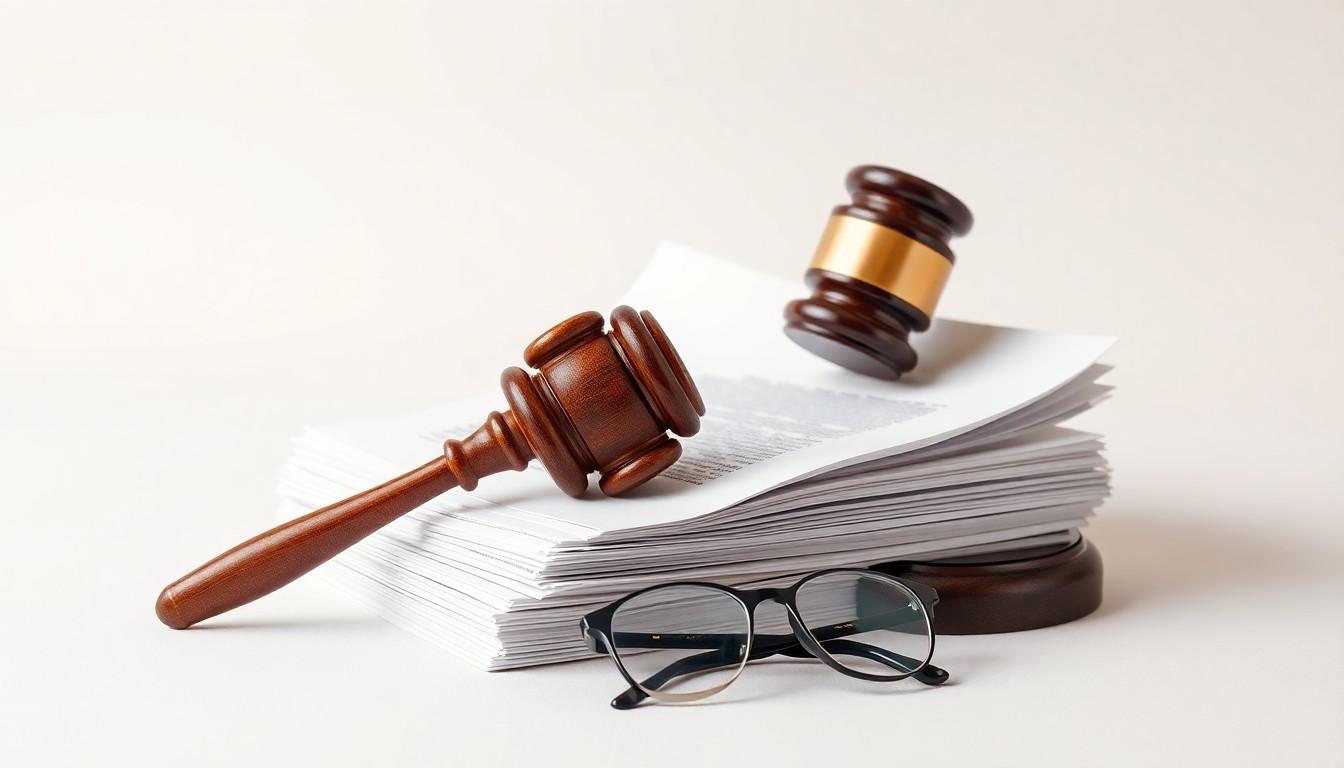 A photorealistic studio still life featuring a stack of legal documents, a gavel, and a pair of reading glasses, conceptually representing the abstract themes of shareholder rights and corporate oversight.