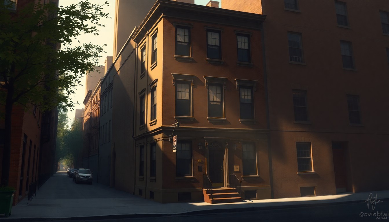 A serene, cinematic painting of a historic building in Greenwich Village, its facade bathed in warm, golden light and deep shadows, conveying the neighborhood