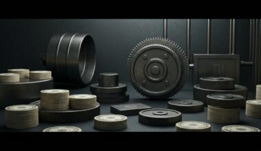 An extreme close-up of gears, levers, and other industrial machinery, conveying the tangible, physical nature of banking and finance without using any literal financial symbols or imagery.