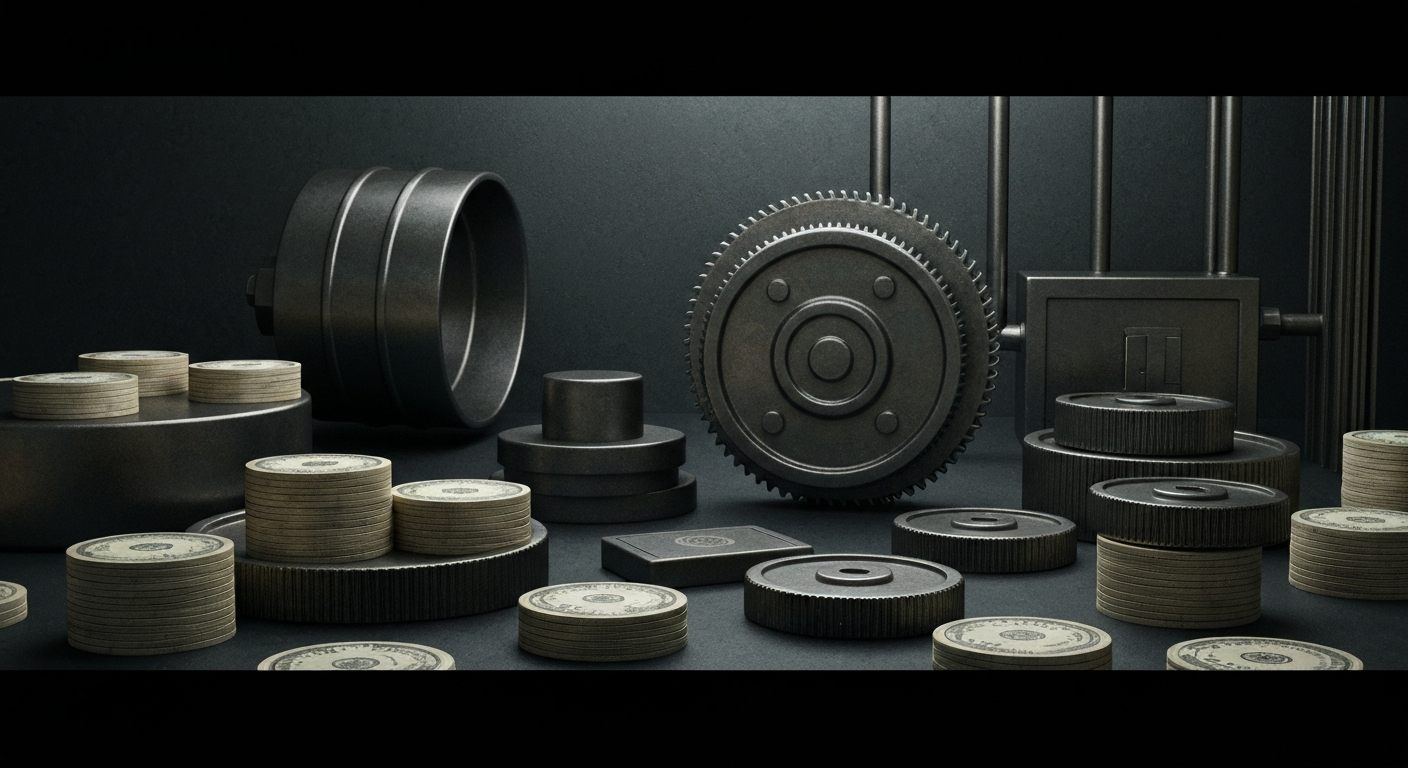 An extreme close-up of gears, levers, and other industrial machinery, conveying the tangible, physical nature of banking and finance without using any literal financial symbols or imagery.