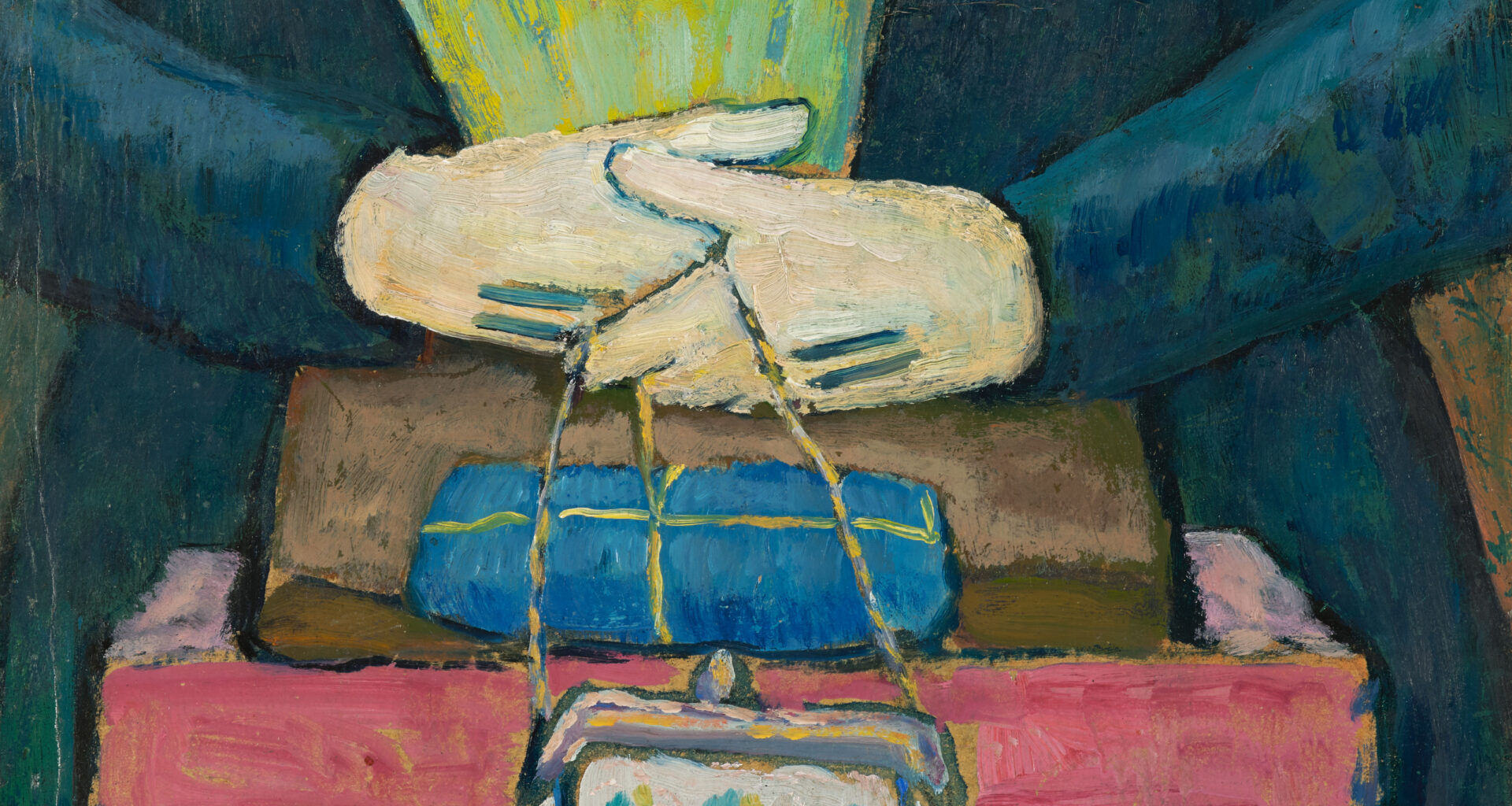 Gabriele Münter, Still Life on the Tram (After Shopping), ca. 1909–12. Painting on board, 19 ¾ × 13 ½ inches. © 2025 Artists Rights Society (ARS), New York / VG Bild-Kunst, Bonn.