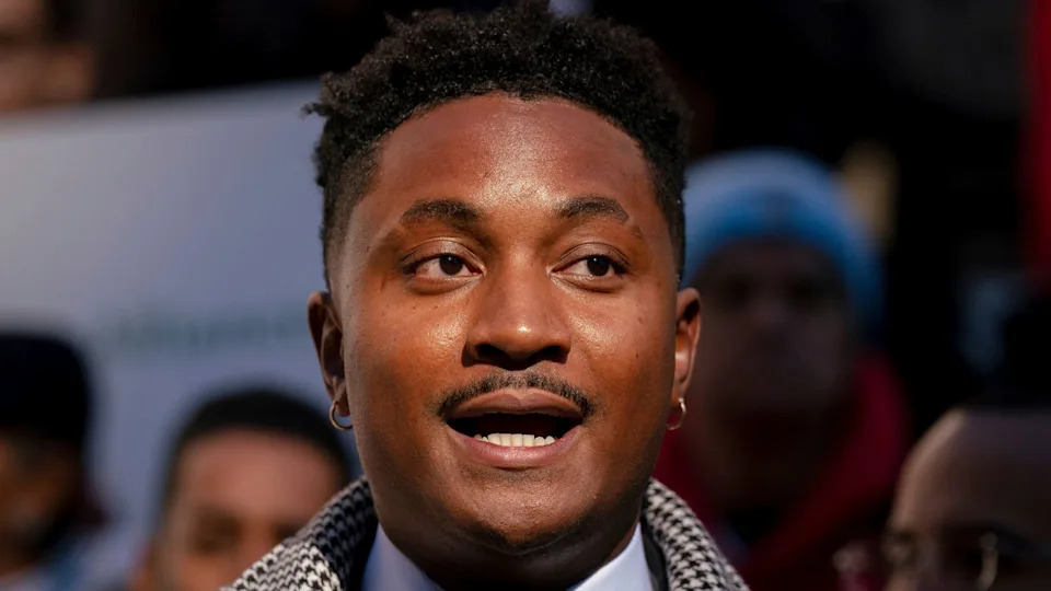 FILE - Councilmember Chi Ossé, D-Brooklyn, addresses a rally outside of City Hall in support of the FARE Act ahead of a City Council meeting, Wednesday, Nov. 13, 2024. AP Photo/Adam Gray