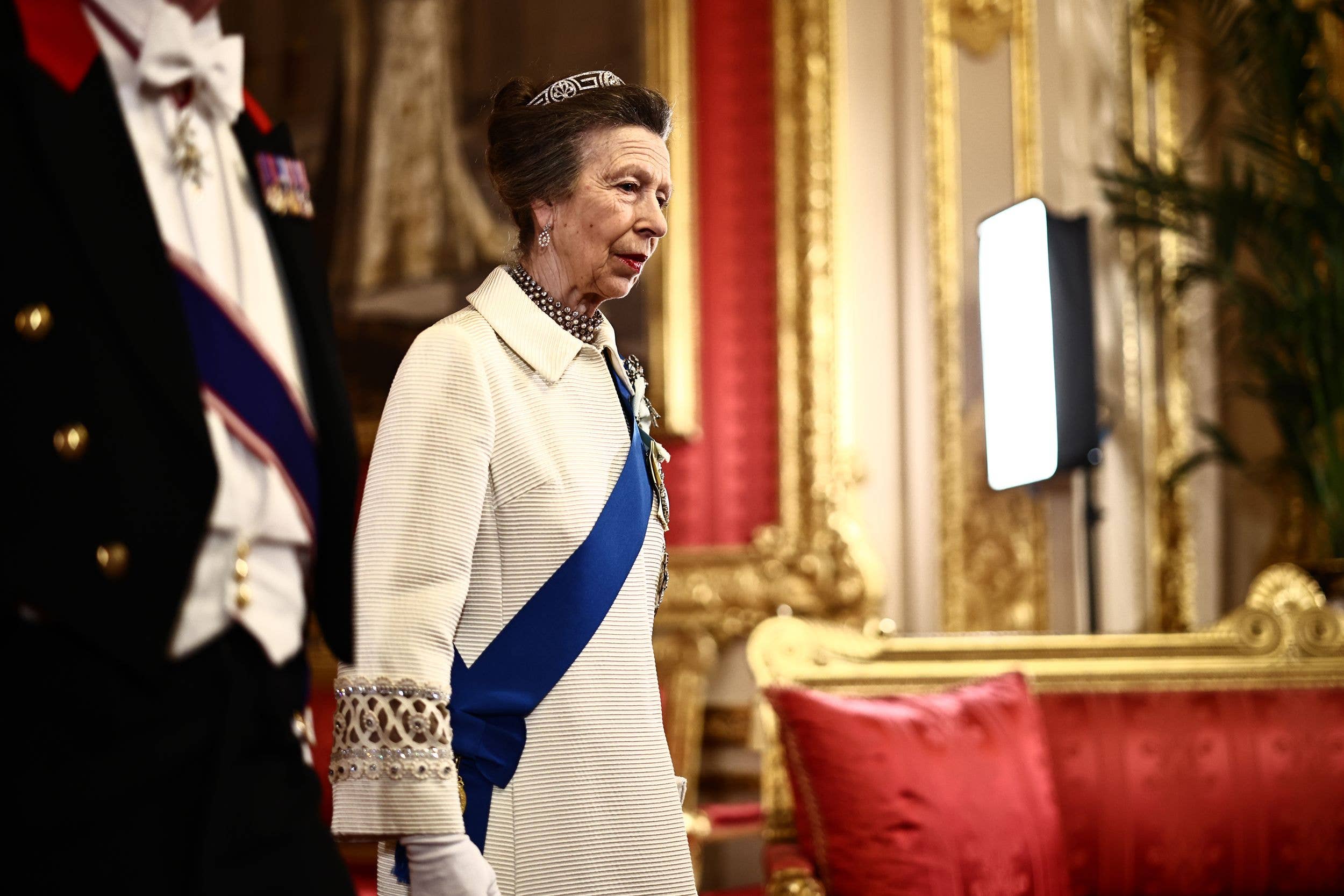 Princess Anne wearing Princess Andrew's Meander Tiara inside windsor castle