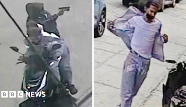 CCTV footage of the two suspects on a moped, and a solo image of the driver.