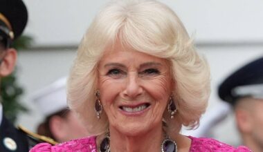 Queen Camilla stuns in Barbie pink banquet gown and Queen Elizabeth's necklace - but skips a tiara
