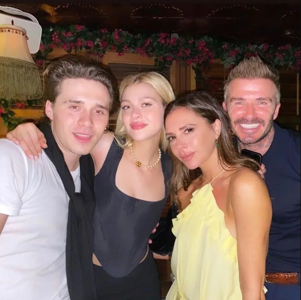 The star alleged that the bad blood has been brewing since before he married Nicola Peltz (pictured here in a group shot) in 2022 because his parents disliked her. Brooklyn Beckham/Instagram