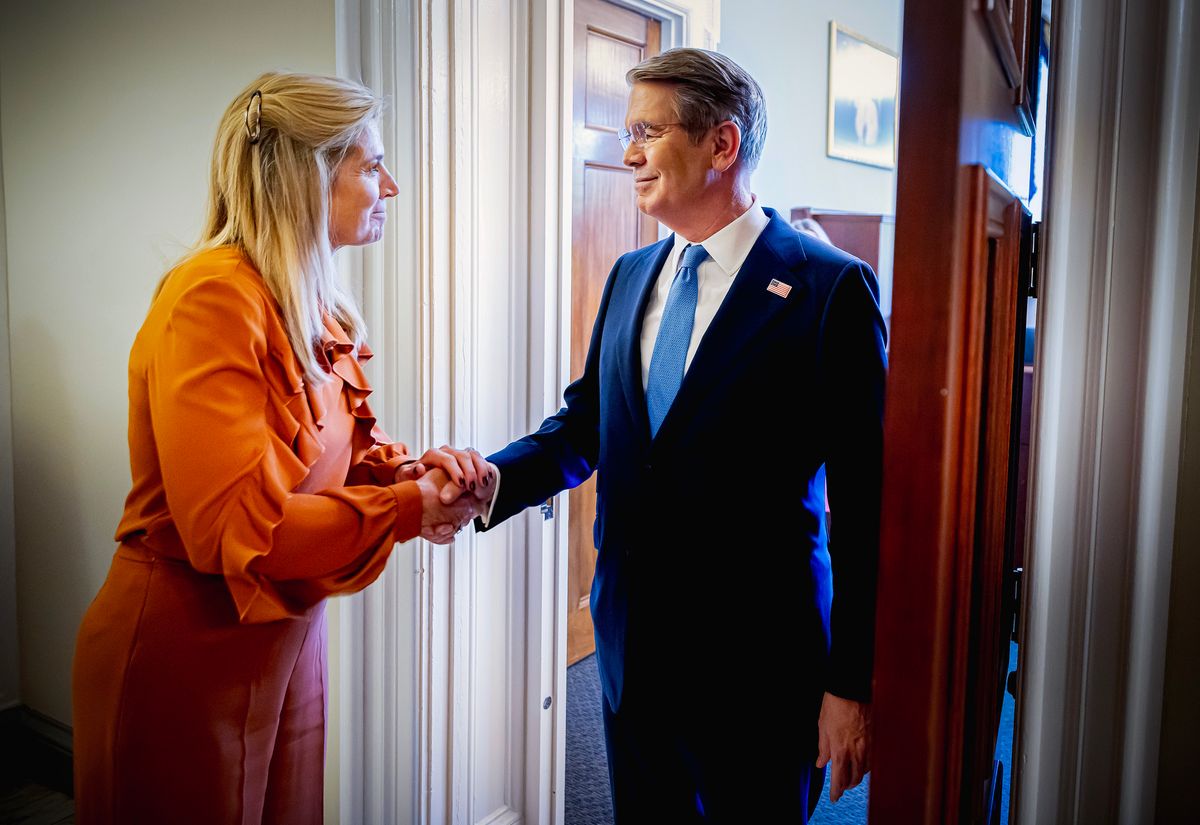 Queen Maxima of the Netherlands visits United States Secretary of the Treasury Scott Bessent.
