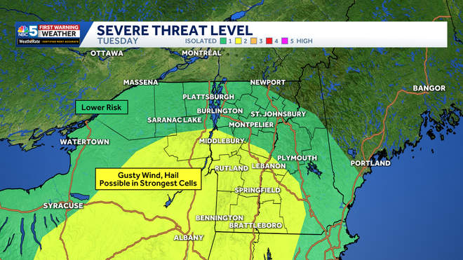 Severe thunderstorm risk levels for Tuesday in Vermont and northern New York.