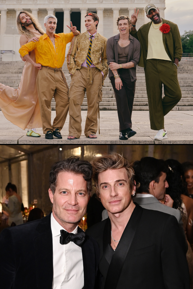Collage of five members of Queer Eye and a photo of Nate Berkus and Jeremiah Brent.