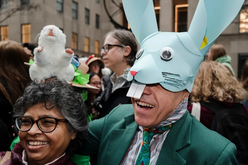 NEW YORK, NEW YORK – APRIL 05: Participants pose during the New York City Easter Bonnet Parade in front of St. Patrick’s Cathedral on April 05, 2026 in New York City. (Photo by Craig T Fruchtman/Getty Images)