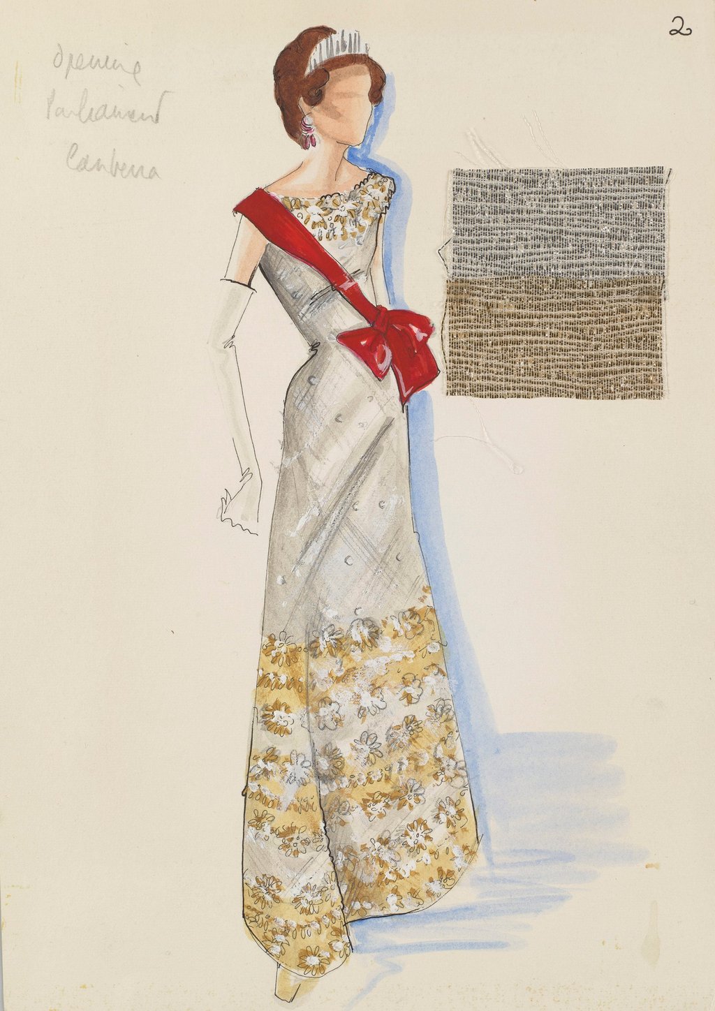 An illustration of a silver lamé beaded shift dress by Norman Hartnell, which Queen Elizabeth wore during a state visit to France in 1972. Photo: Handout