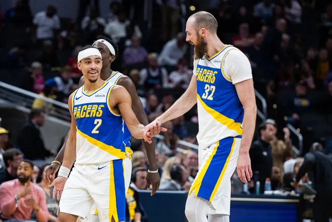 Mar 29, 2026; Indianapolis, Indiana, USA; Indiana Pacers guard Andrew Nembhard (2) celebrates with center Jay Huff (32) a made shot in the second half against the Miami Heat at Gainbridge Fieldhouse.