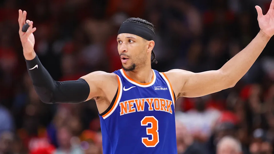 New York Knicks guard Josh Hart (3) reacts to a call against the Atlanta Hawks in the fourth quarter during game three of the first round of the 2026 NBA Playoffs at State Farm Arena