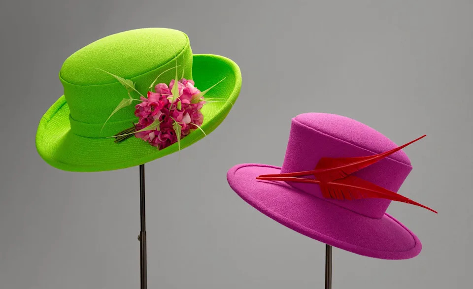 display of two stylish hats in vibrant colors