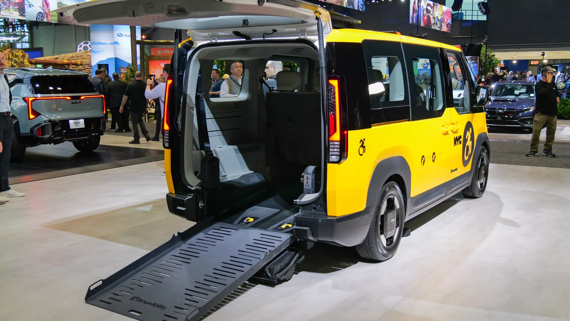 Accessible vehicle with a rear ramp for wheelchair access.