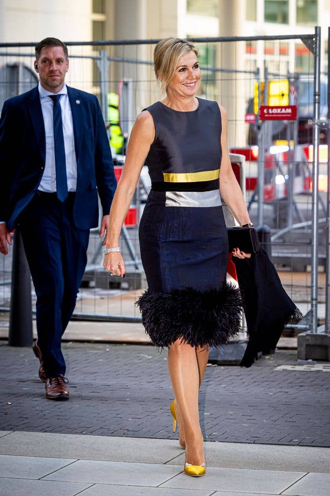 Queen Maxima holding a shawl in a feathered dress 