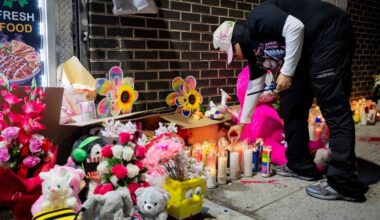 A makeshift memorial where Kaori Patterson-Moore, a 7-month-old baby, was killed by a stray bullet in the Williamsburg neighborhood of Brooklyn, April 3, 2026. The father of an infant who was killed earlier this month when a stray bullet struck her was the target of the shooter, the police said on Tuesday, April 22, 2026. (Vincent Alban/The New York Times)