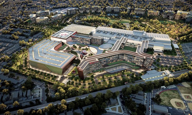 This rendering from Resorts World shows the Resorts World casino, owned by Malaysian casino giant Genting, a $5.5-billion investment to its gaming facility at the Aqueduct Racetrack in Queens, New York. (Resorts World via AP, File)