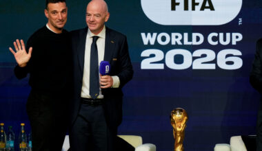 FIFA President Gianni Infantino, right, greets Argentina's coach Lionel Scaloni during the match schedule reveal for the 2026 soccer World Cup in Washington, Saturday, Dec. 6, 2025. Photo: Chris Carlson/AP