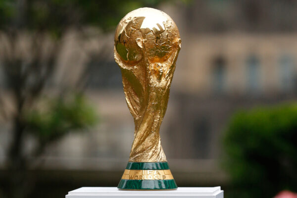 The FIFA World Cup Trophy is displayed before press conference at Rockefeller Plaza, June 16, 2022, in New York. Photo: Noah K. Murray/AP, File