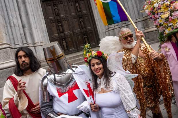 A person dressed as Jesus takes part in the Easter Bonnet Parade on Fifth Avenue, Sunday, April 5, 2026, in New York. (AP Photo/Adam Gray)