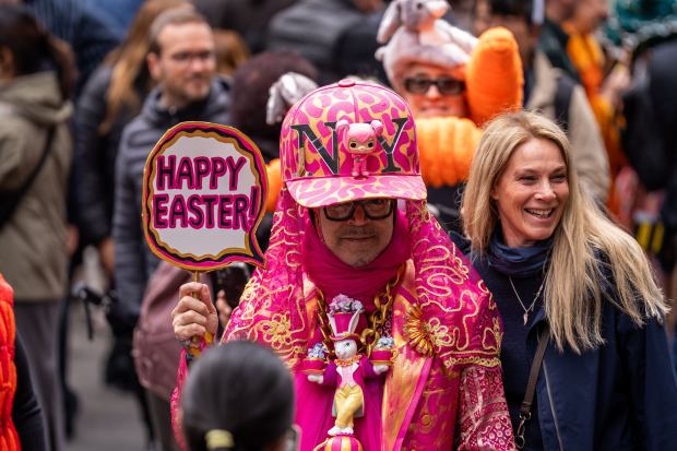 People participate in the Easter Bonnet Parade on Fifth Avenue, Sunday, April 5, 2026, in New York. (AP Photo/Adam Gray)