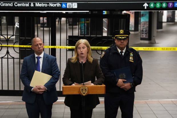 New York City Police Commissioner Jessica Tisch holds a news conference near the scene of a stabbing and shooting at the Grand Central subway station in New York on Saturday, April 11, 2026. (AP Photo/Ryan Murphy)