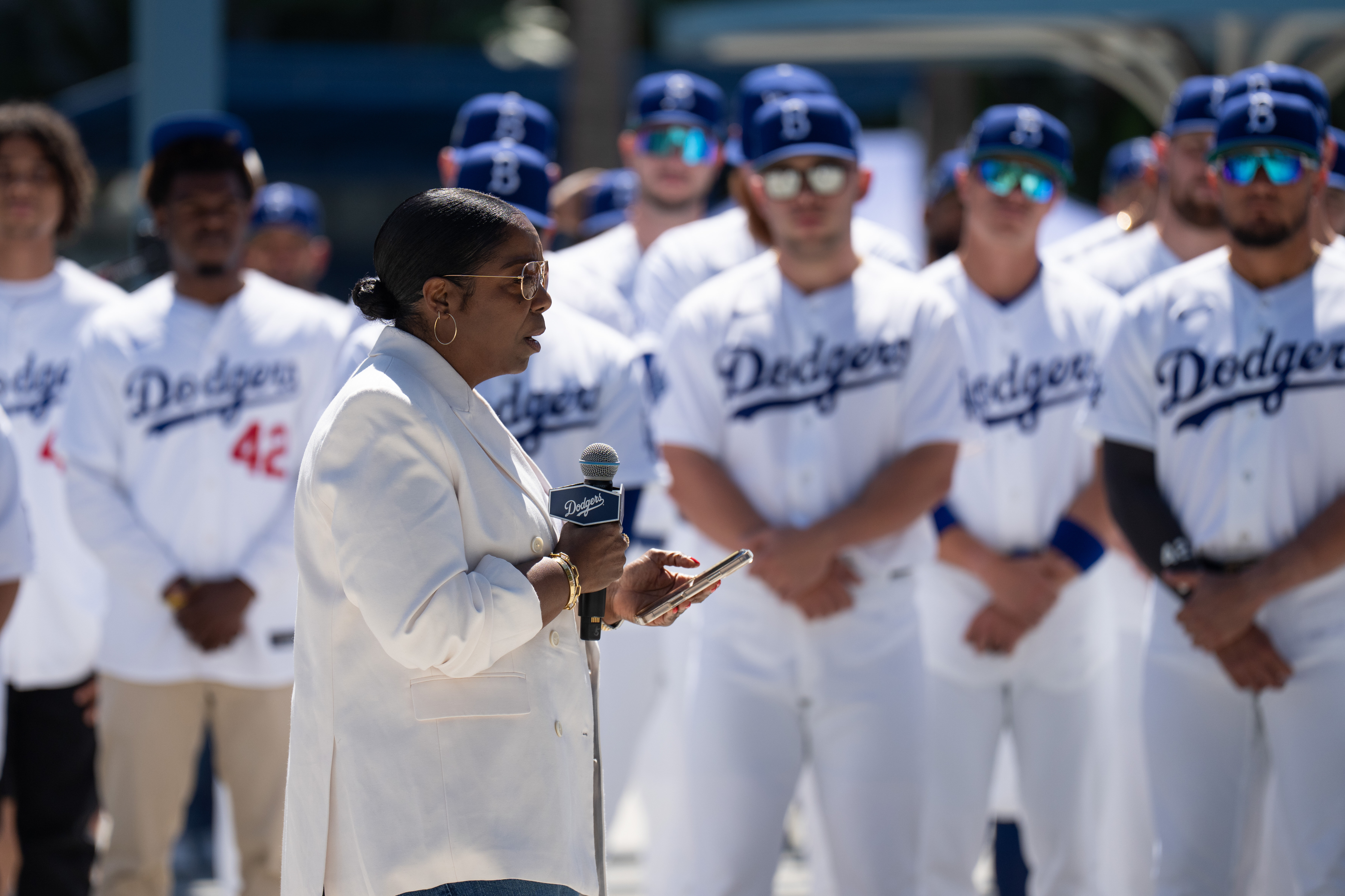 Jackie Robinson’s granddaughter, Sonya Pankey Robinson, speaks as members of...