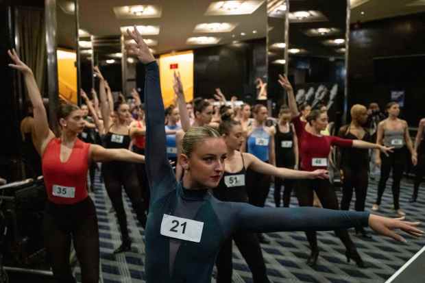 Dancers rehearse before an audition for the Radio City Rockettes at Radio City Music Hall in New York, on Wednesday, April 22, 2026. (AP Photo/Yuki Iwamura)