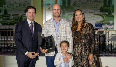 Adam San Miguel with President Acebo, NJCU Foundation Executive Director Lizette Delgado, and his daughter, at the 2025 NJCU Foundation gala.