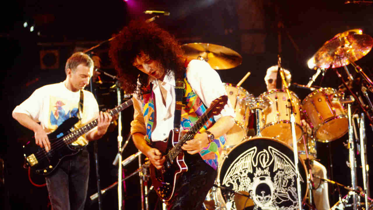 Queen&rsquo;s John Deacon, Brian May and Roger Taylor performing at the Freddie Mercury Tribute Concert