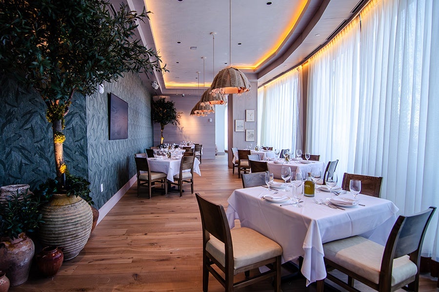 Modern restaurant interior with wooden flooring, large potted plants, and tables covered with white tablecloths set with wine glasses, plates, and cutlery. The space features large windows with sheer white curtains, curved ceiling with recessed lighting, and hanging pendant lamps above the tables.