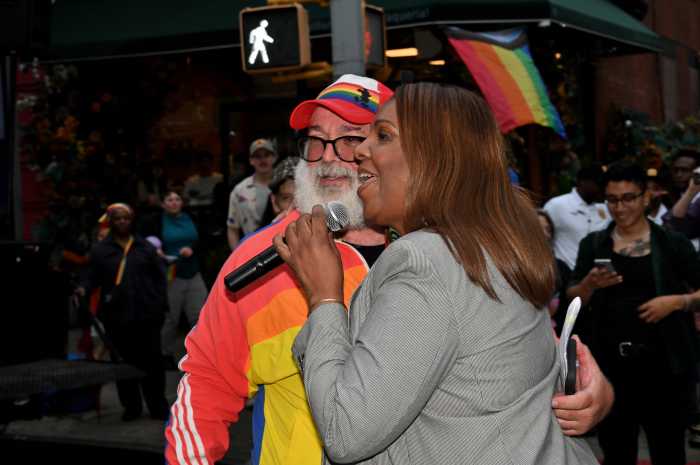 Brooklyn Pride co-chair Mickey Heller and Attorney General Letitia James at Brooklyn Pride on June 14, 2025.
