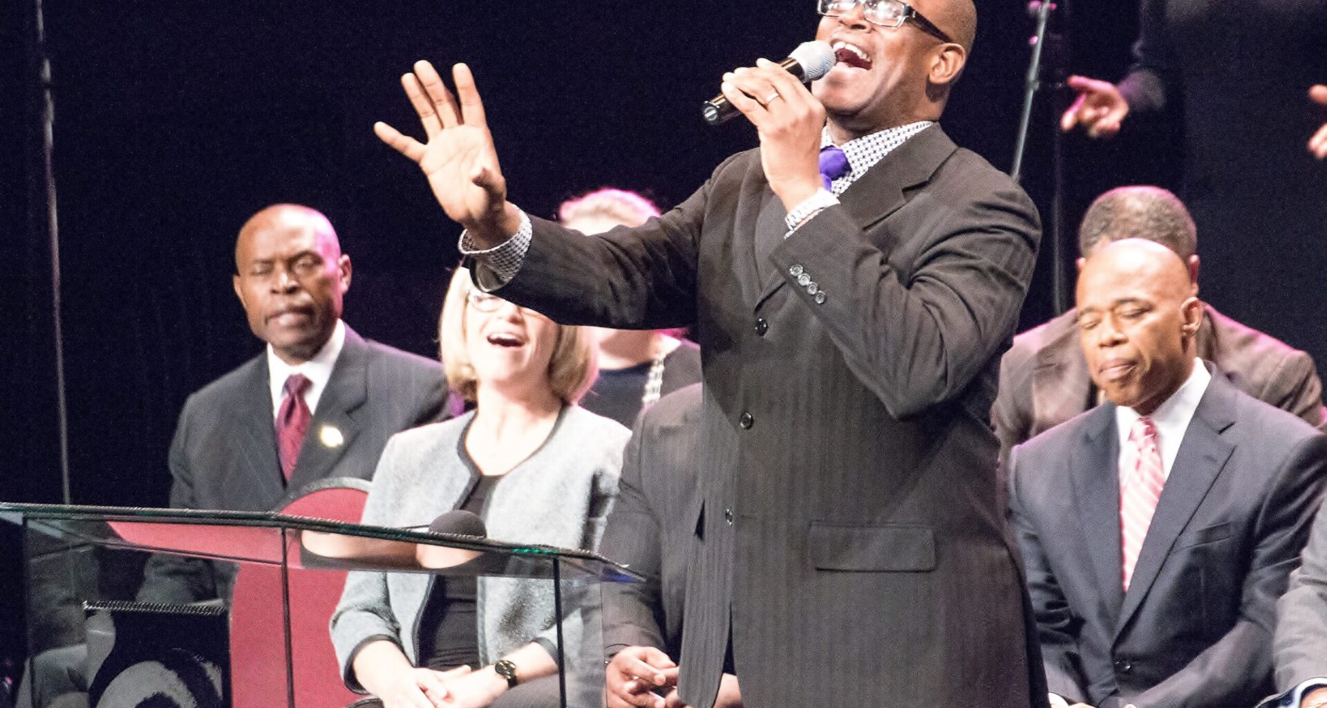 The Christian Cultural Center in eastern Brooklyn started hosting the annual Day of Prayer in 2018. Pastor Frank Haye, founding director of the Brooklyn Interdenominational Choir, leads a worship song at the 2018 celebration. Photo: Francesca N. Tate/Brooklyn Eagle