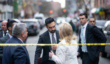 New York City Mayor Zohran Mamdani and New York Police Department Commissioner Jessica Tisch at media briefing on the fatal shooting of 7-month-old Kaori Patterson-Moore in Williamsburg on Wednesday. Photo: Michael Appleton/Mayoral Photography Office