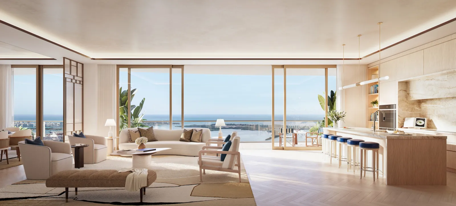 A rendering of the kitchen area of one of the residences at the Cipriani Residences Miami tower.
