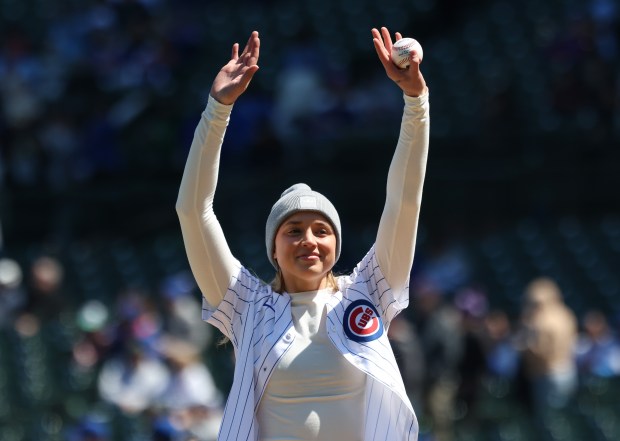Chicago Sky player Hailey Van Lith is introduced for a ceremonial first pitch before a Cubs-Mets game Saturday, April 18, 2026, at Wrigley Field. (John J. Kim/Chicago Tribune)