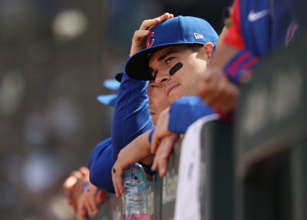 Cubs third baseman Matt Shaw watches the seventh inning against the Mets on Saturday, April 18, 2026, at Wrigley Field. (John J. Kim/Chicago Tribune)