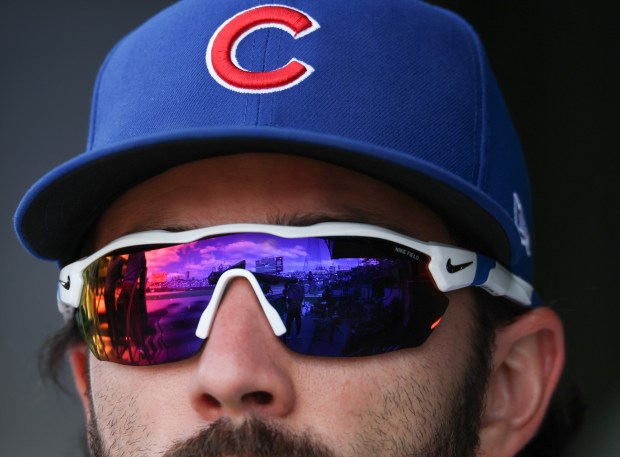 Cubs shortstop Dansby Swanson watches a video review in the seventh inning against the Mets on Saturday, April 18, 2026, at Wrigley Field. (John J. Kim/Chicago Tribune)