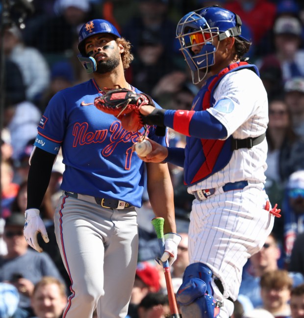 Mets designated hitter MJ Melendez is called out on strikes in the eighth inning against the Cubs on Saturday, April 18, 2026, at Wrigley Field. (John J. Kim/Chicago Tribune)