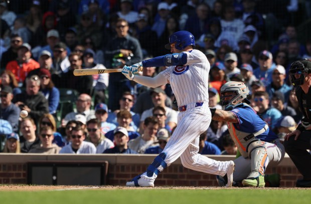 Cubs third baseman Alex Bregman hits into a double play in the eighth inning against the Mets on Saturday, April 18, 2026, at Wrigley Field. (John J. Kim/Chicago Tribune)