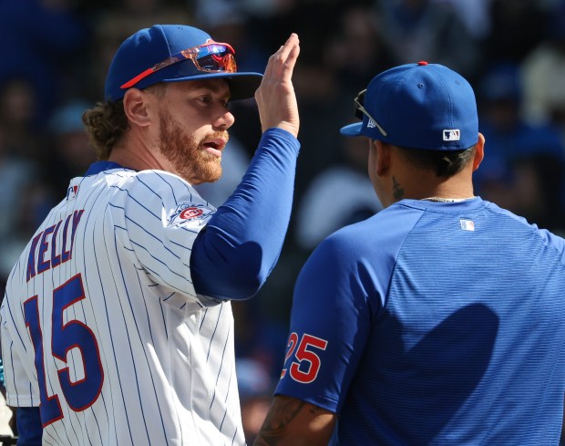 Cubs players Carson Kelly and Moisés Ballesteros celebrate a 4-2 win over the Mets on Saturday, April 18, 2026, at Wrigley Field. (John J. Kim/Chicago Tribune)