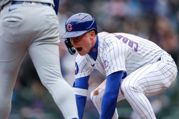 Cubs center fielder Pete Crow-Armstrong (4) yells after hitting a triple during the third inning against the Mets at Wrigley Field April 19, 2026, in Chicago. (Armando L. Sanchez/Chicago Tribune)