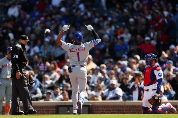 Mets left fielder Mj Melendez (1) celebrates after hitting a solo-homer during the fifth inning against the Cubs at Wrigley Field April 19, 2026, in Chicago. (Armando L. Sanchez/Chicago Tribune)