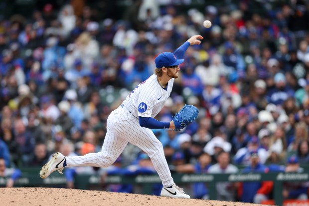 Cubs pitcher Riley Martin (51) pitches during the eighth inning against the Mets at Wrigley Field April 19, 2026, in Chicago. (Armando L. Sanchez/Chicago Tribune)
