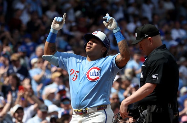 Chicago Cubs designated hitter Moisés Ballesteros (25) celebrates as he crosses home plate after hitting a three-run homer in the first inning of a game against the New York Mets at Wrigley Field in Chicago on April 17, 2026. (Chris Sweda/Chicago Tribune)