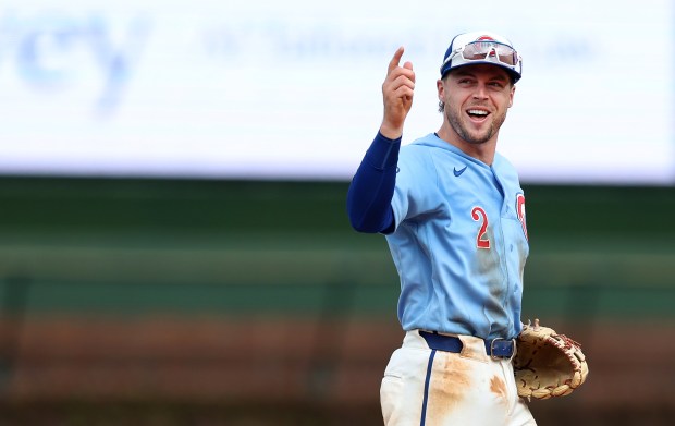 Chicago Cubs second baseman Nico Hoerner (2) celebrates after completing a double play to end the game in victory against the New York Mets at Wrigley Field in Chicago on April 17, 2026. (Chris Sweda/Chicago Tribune)