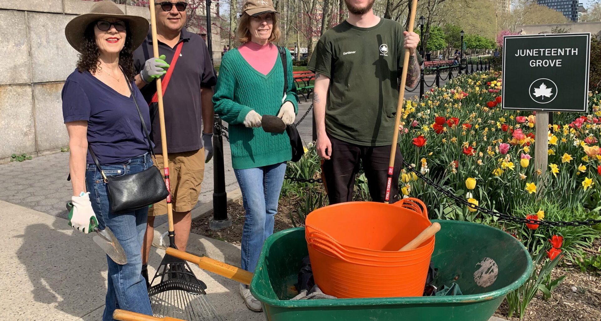 Mulch Fest — one of many citywide Earth Day events — will take place this Saturday in Cadman Plaza Park. From left: Cadman Park Conservancy President Doreen Gallo, volunteer Octavio Molina, volunteer Pat Lucey and NYC Parks Department Gardener Nathan Grozan. Photo: Mary Frost/Brooklyn Eagle