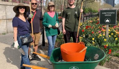 Mulch Fest — one of many citywide Earth Day events — will take place this Saturday in Cadman Plaza Park. From left: Cadman Park Conservancy President Doreen Gallo, volunteer Octavio Molina, volunteer Pat Lucey and NYC Parks Department Gardener Nathan Grozan. Photo: Mary Frost/Brooklyn Eagle